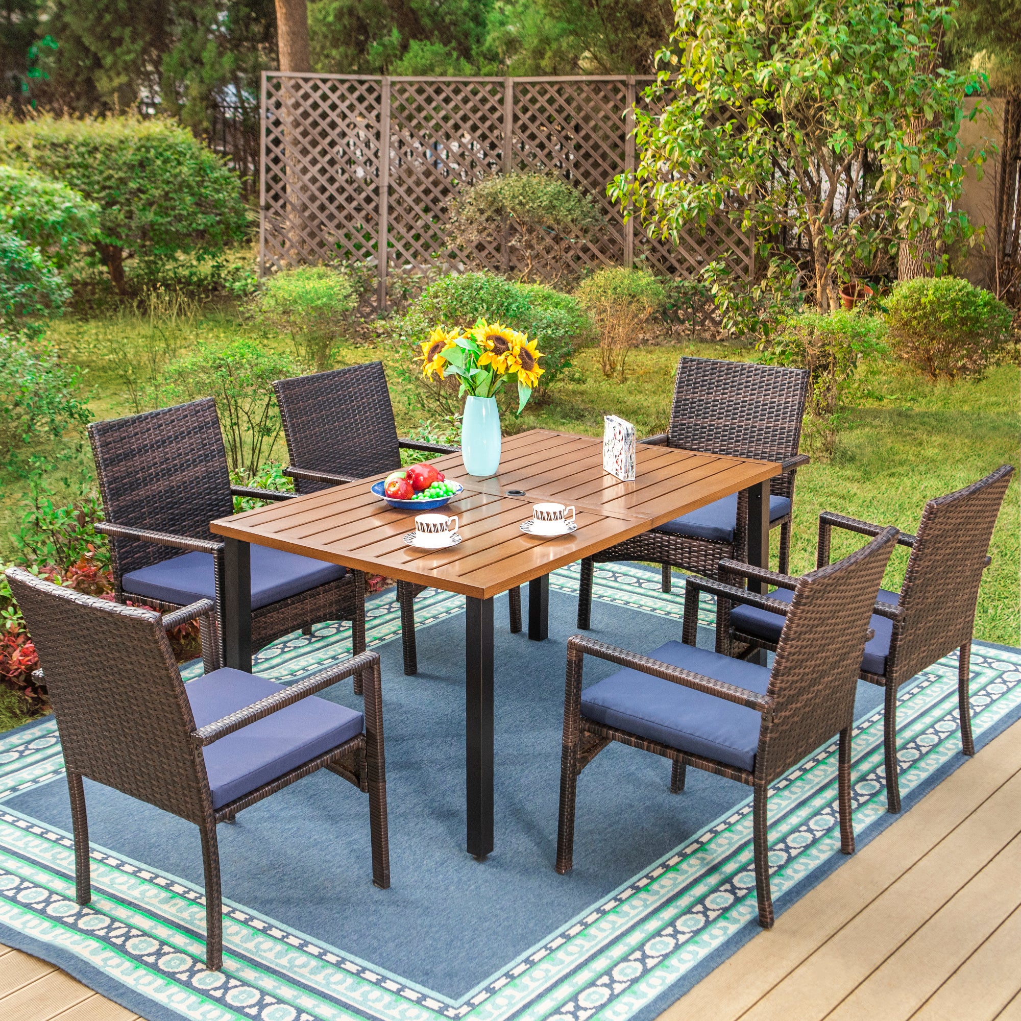 Garden Dining Set 6 Seater Teak-Grain Garden Table And Rattan Chairs ...