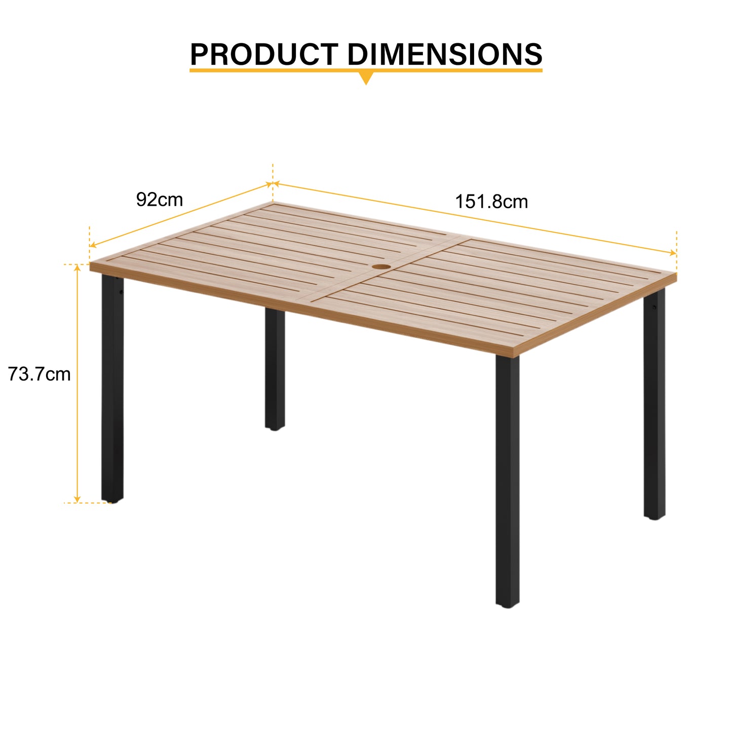 Teak-Grain Outdoor Garden Dining Table Metal Table with Umbrella Hole 6 Seaters